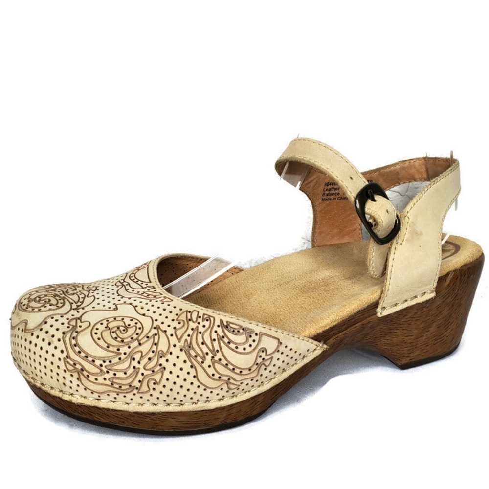 DANSKO Sam Floral Beige Leather Perforated Nubuck Mary Jane Clog Shoes 